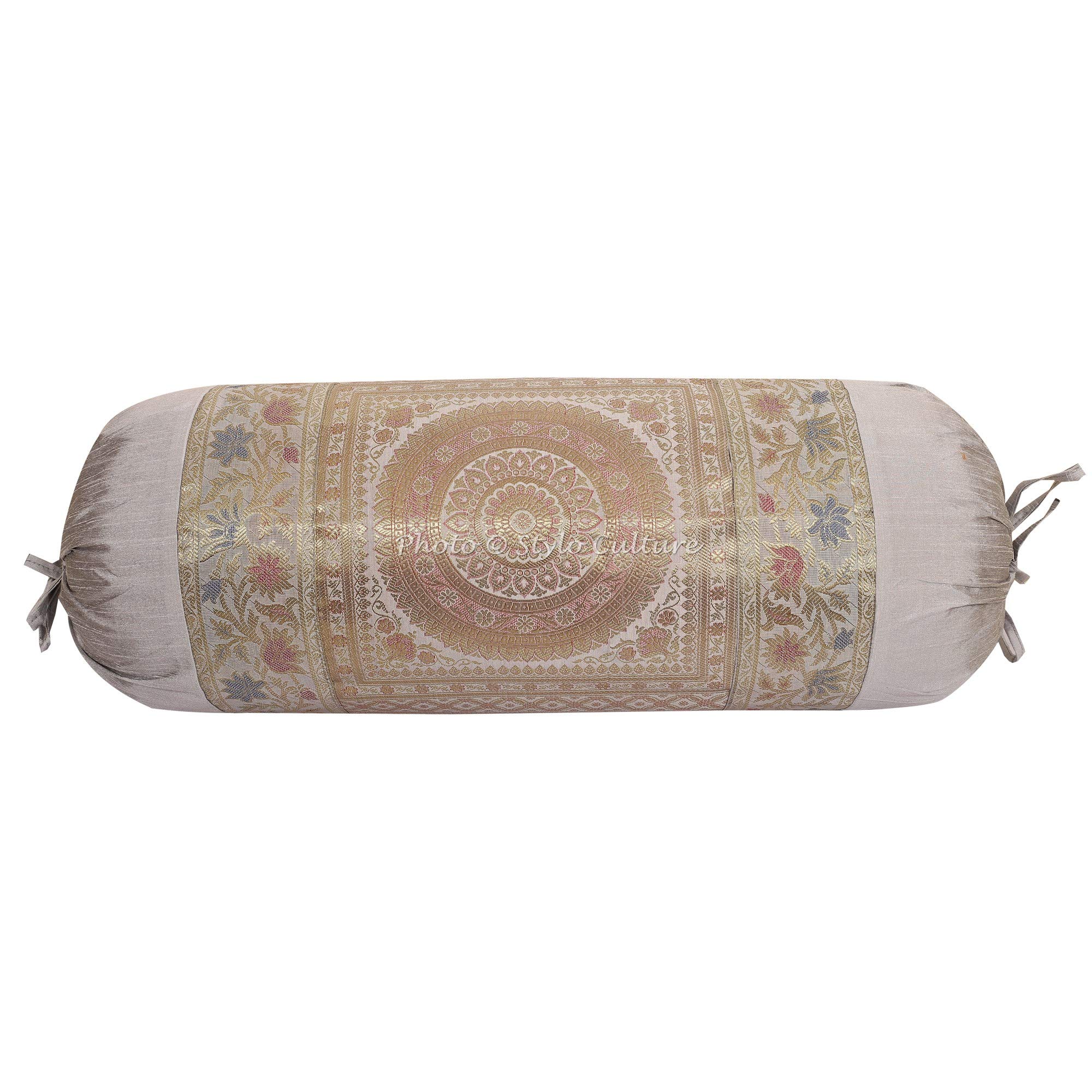 Stylo Culture Traditional Polydupion Cylindrical Yoga Bolster Pillow Cover Grey Mandala Jacquard Brocade Weave Large Sofa Round Cylinder Cushion Cover (1 Pc) | 30x15 Inches (76x38 cm)