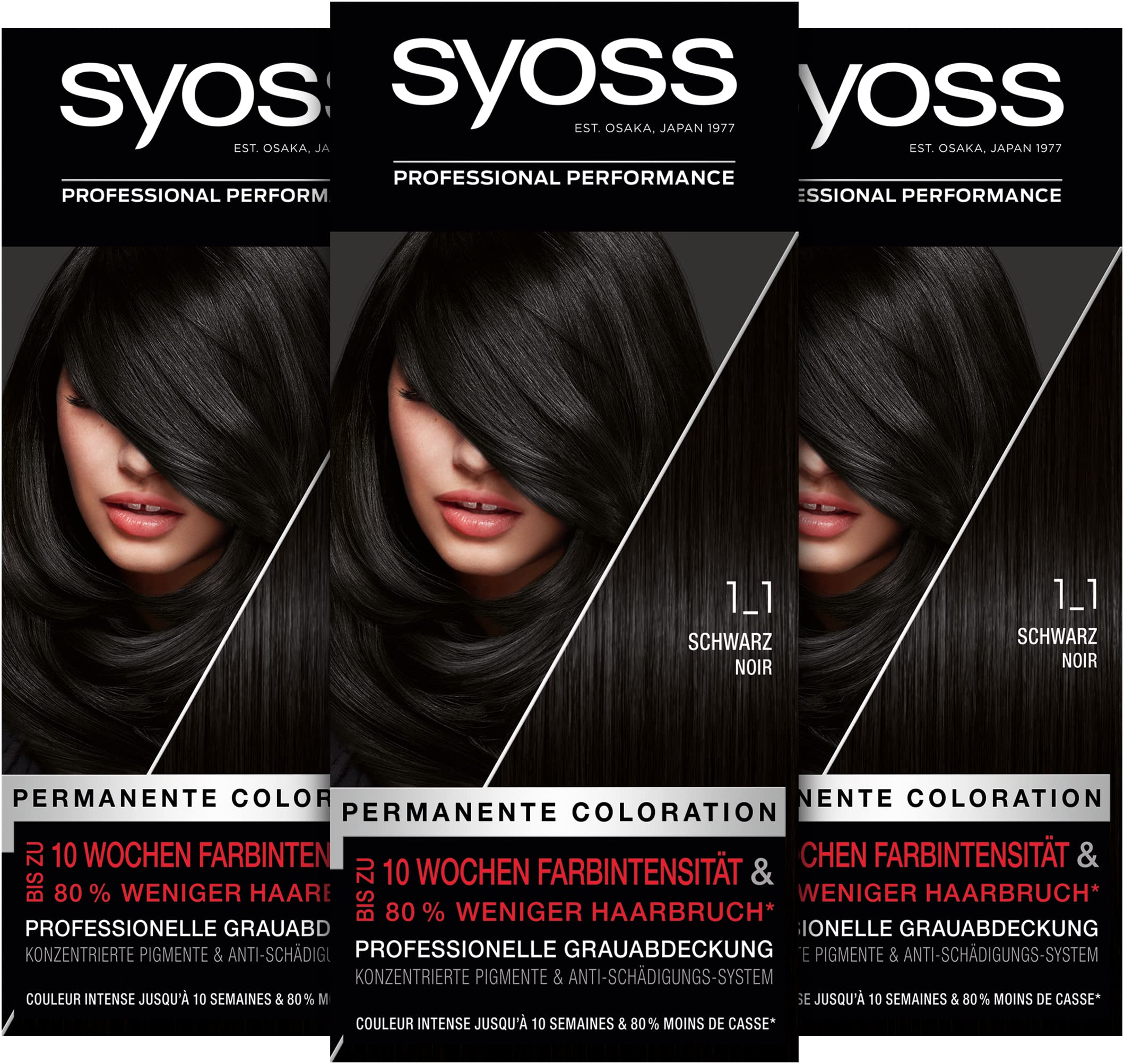 Syoss Syoss Color Coloration 1_1 Black Level 3 (3 x 115 ml), Permanent Hair Colour for Up to 10 Weeks of Colour Intensity and 80% Less Hair Breakage
