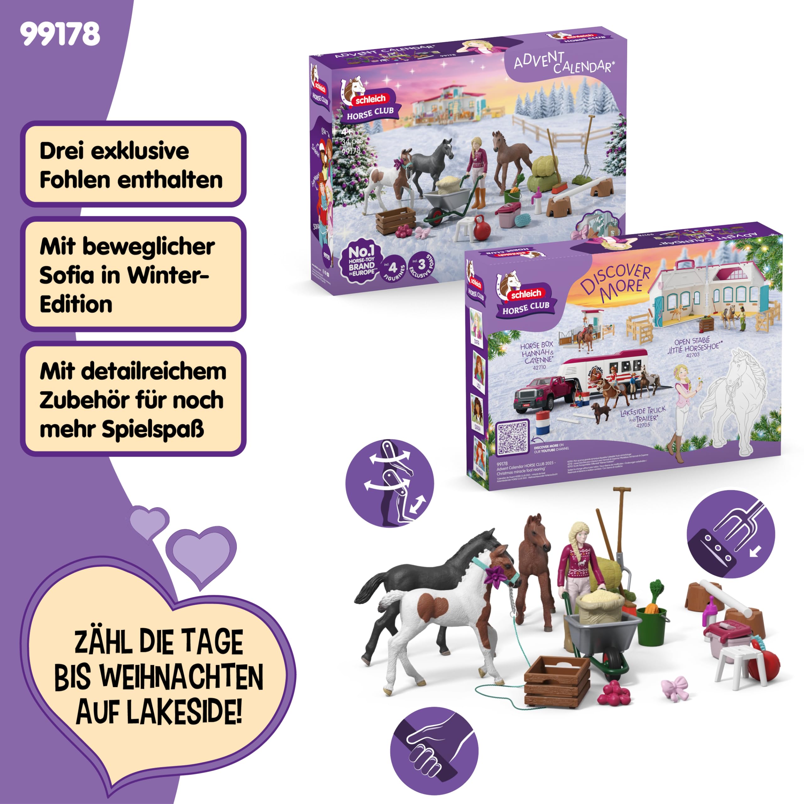 schleich Horse Club | Adventskalender Horse Club 2025 – Weihnachtswunder Fohlenaufzucht 99178 | mit beweglicher Figur Sofia, 3 Pferdefiguren & Zubehör | Geschenkidee für Kinder ab 5 Jahren | 34 Teile 3