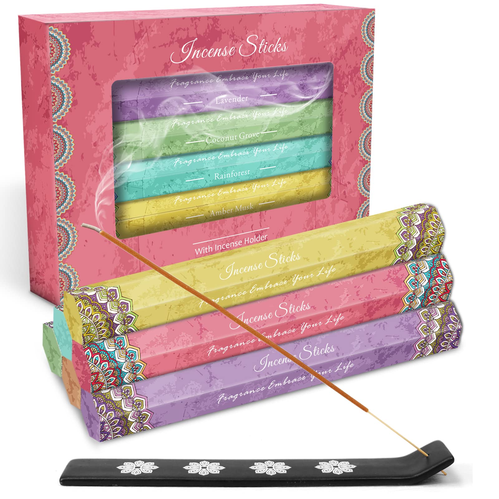 Scent-Hi Incense Sticks Multipack, 120 Sticks, With Holder, 6 Scents Incense Stick Kit for Christmas, Church, Yoga, Wedding, Meditation