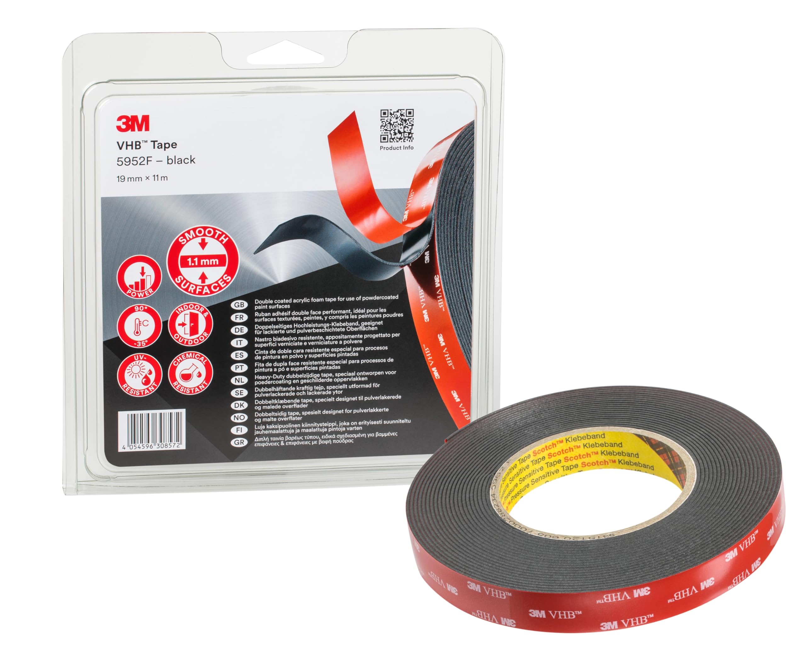 3M VHB 5952F Double Sided Adhesive Tape - Provides adhesion to most powder coated paints, metals, glass, sealed wood, acrylic, polycarbonate and ABS - 19mm x 11m, Thickness 1.1mm, Black (1 Roll)