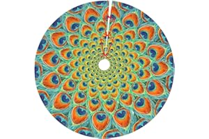 LUMANSITTER Peacock Feather Orange Green Teal 36 Inch Christmas Tree Skirt Carpet Mat Funny Party Decor Supplies for Xmas Halloween Decorations Occasion Ornament