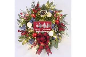VOFULY Prelit Christmas Wreath for Front Door Outside,22 inch Buffalo Plaid Wreath with tarten Plaid Bow,Lighted Farmhouse Christmas Decoration with 30 LED Lights,Winter Door Wreath,Christmas Porch Decor