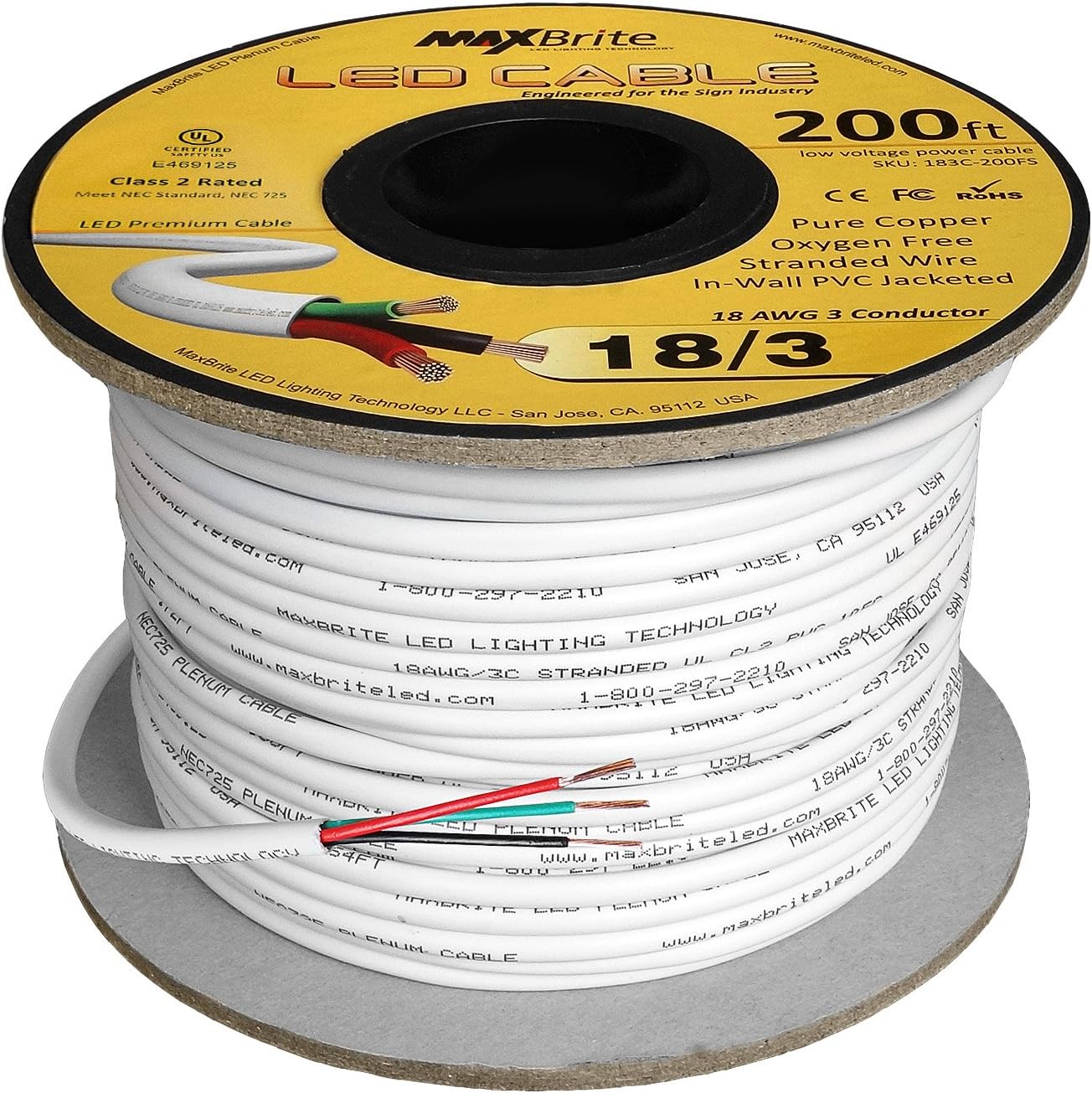 18AWG Low Voltage LED Cable 3 Conductor White Sleeve in-Wall Speaker Wire UL/cUL Class 2 (100 ft Reel): Home Audio & Theater