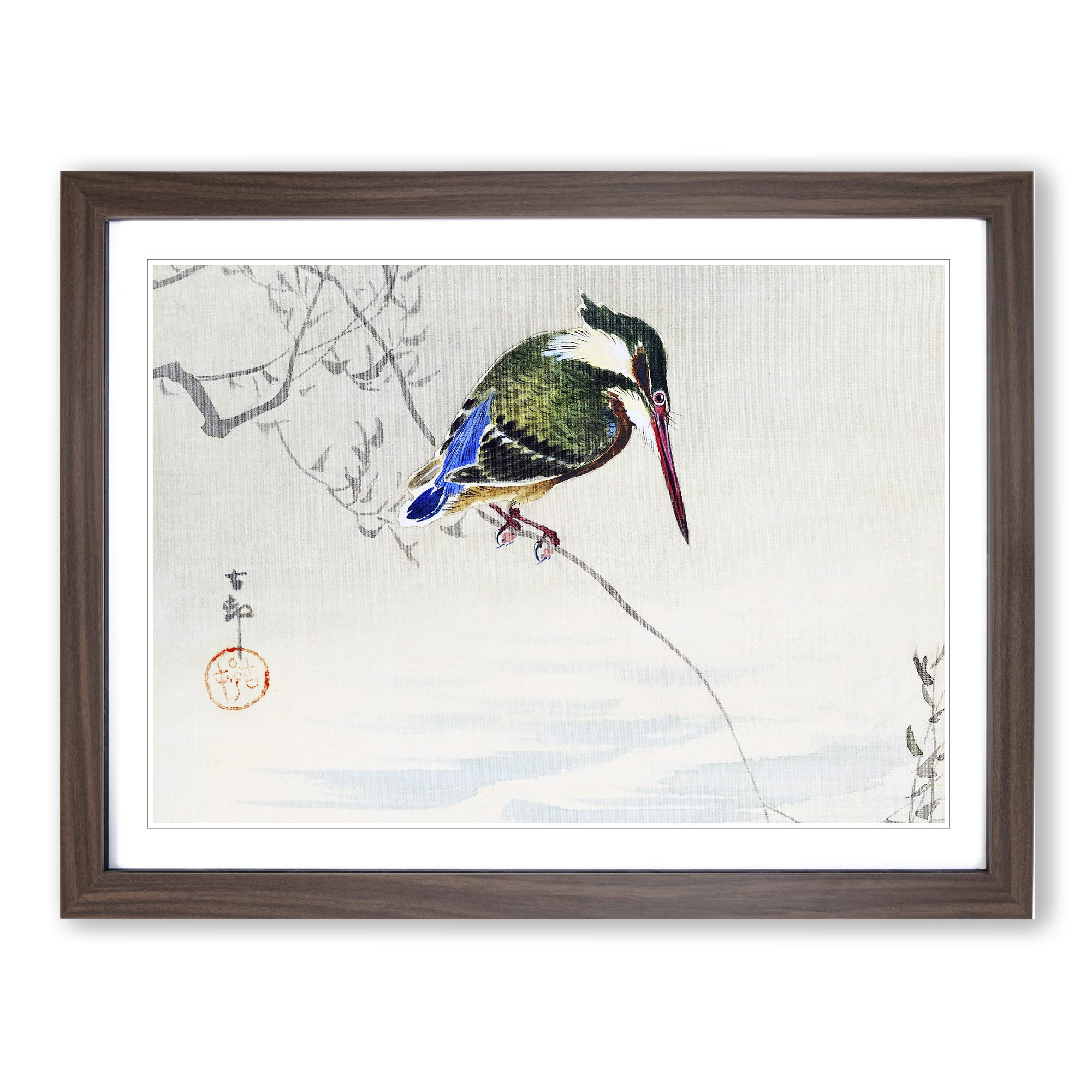 A Kingfisher By Ohara Koson Asian Japanese Framed Wall Art Print, Ready to Hang Picture for Living Room Bedroom Home Office Décor, Walnut A4 (34 x 25 cm)