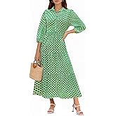 Wenrine Womens Casual 3/4 Sleeve Shirt Dress Button Down V Neck Tiered Collared Flowy Maxi Dress