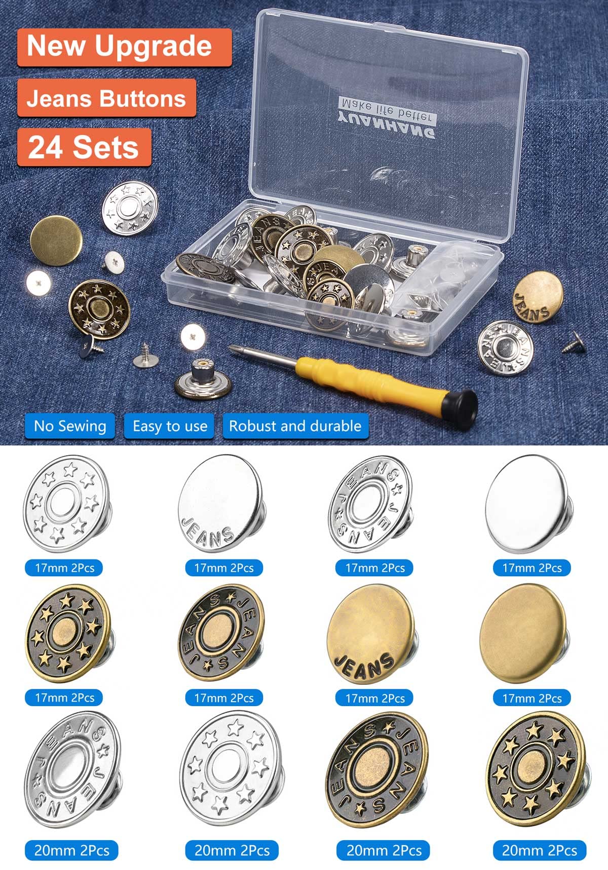 Jeans Button Replacement No Sew: YUANHANG 24 Sets Metal Buttons for Pants - Instant Adjustable Button - Tighten Waist Size by 1 Inch or Extend an Extra Inch - Contains A Removable Screwdriver