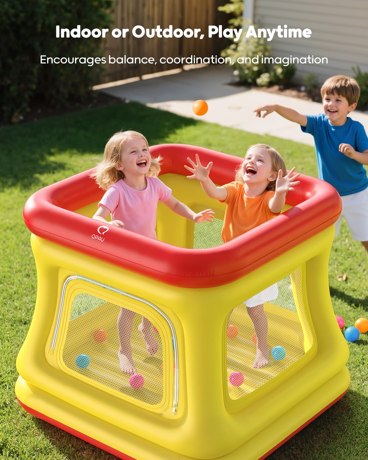 QPAU 3-in-1 Inflatable Bounce House for Toddlers 1-3, Ball Pit & Trampoline, Inflatable Bouncy House with Pump, Safety Net, Indoor & Outdoor Bubble Bouncer Baby Play Yard