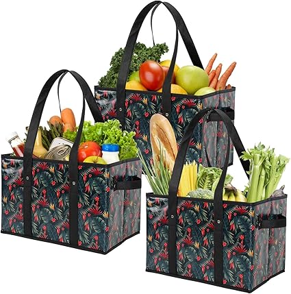Amazon Co Jp Foraineam 3パック 再利用可能な食料品バッグ 高耐久 食料品のトートバッグ ショッピングボックス 折りたたみ可能 食料品ボックス 底部補強 ホーム キッチン
