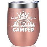 Coolertaste Queen Of The Camper Wine Tumbler, Happy Camper Gifts 12oz Cup, Gifts For Camping lover Outdoors, RV Hiking Camping Coffee Mugs, Camper Lover Couples Glass for Women