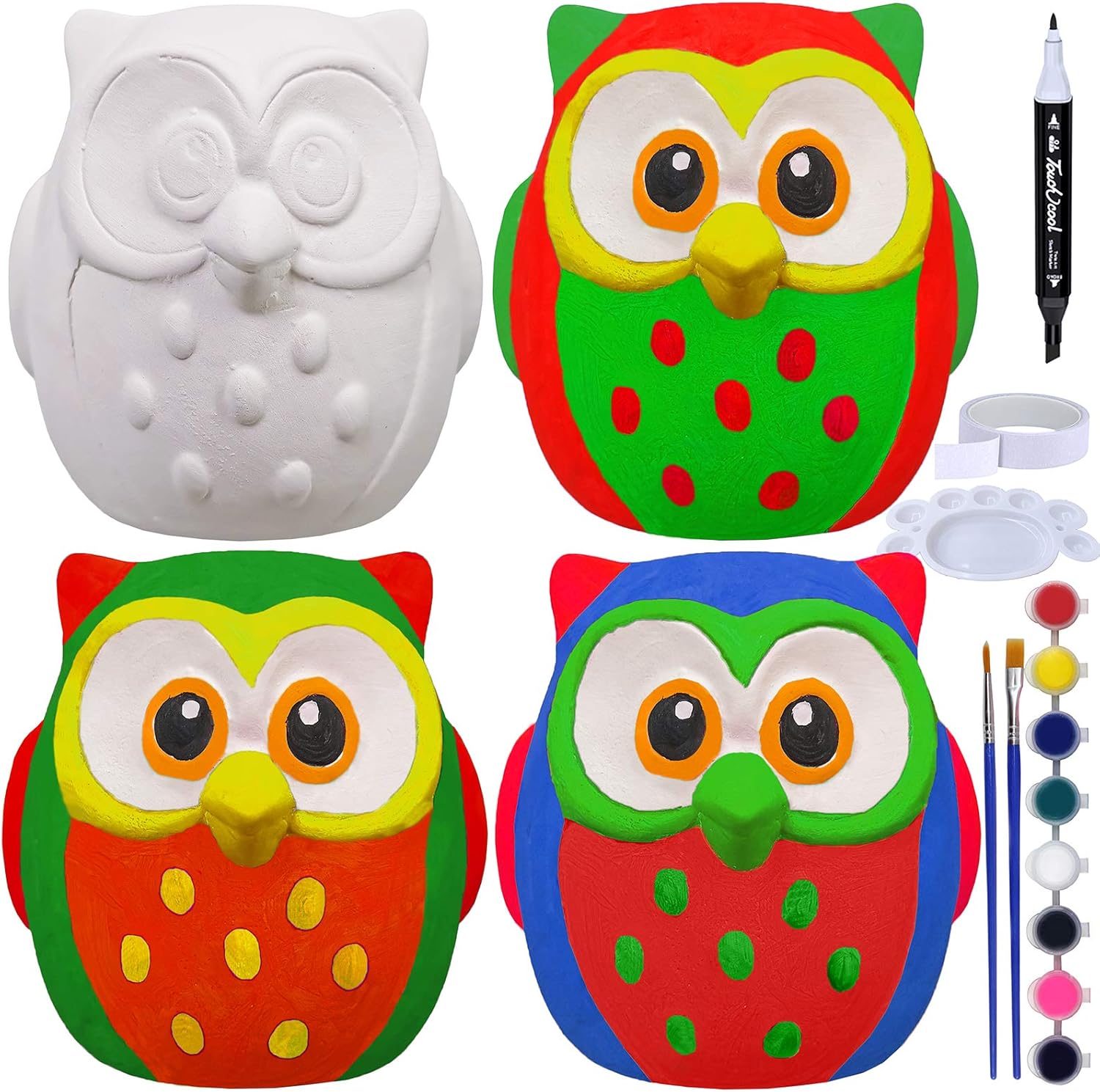4 Sets DIY Ceramic Owls Figurines Paint Craft Kit Unpainted Bisque Ceramics Paintable Owls Ceramics Ready to Paint for Kids Christmas Winter Season Holiday at-Home Classroom DIY Craft Project