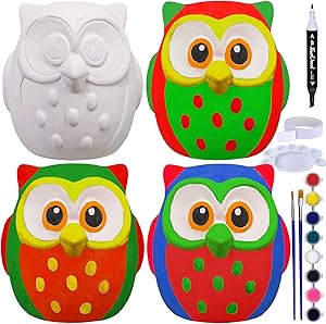 4 Sets DIY Ceramic Owls Figurines Paint Craft Kit Unpainted Bisque Ceramics Paintable Owls Ceramics Ready to Paint for Kids Christmas Winter Season Holiday at-Home Classroom DIY Craft Project