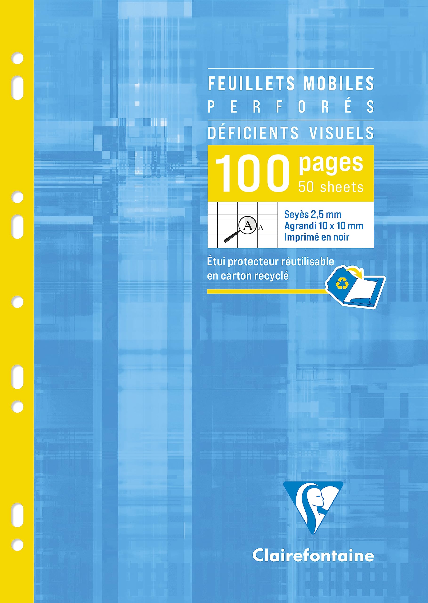 Clairefontaine 17499C Pack of Singl Sheet in Resealable Folders - Multi-Punched - A4 21x29,7cm - 100 Pages Seyes Ruled 2,5mm Enlarged 10/10 - White Paper 90 g
