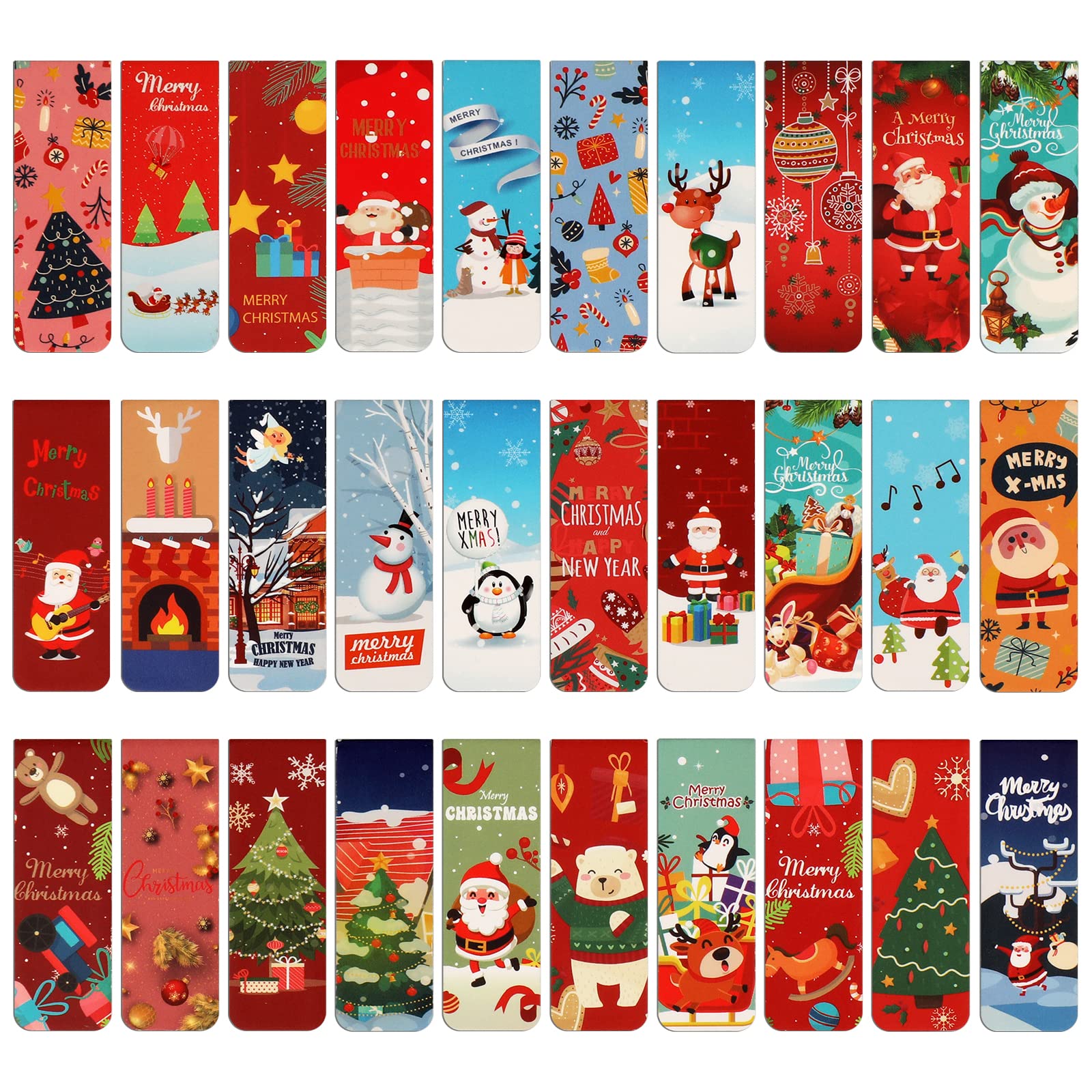 MWOOT 30 Pcs Christmas Theme Tree Santa Snowman Red Magnetic Bookmark,Cartoon Magnet Page Markers for School Office Reading Supplies,Cute Book Clips for Students Teens Reading Lovers(30 Styles,2x6cm)