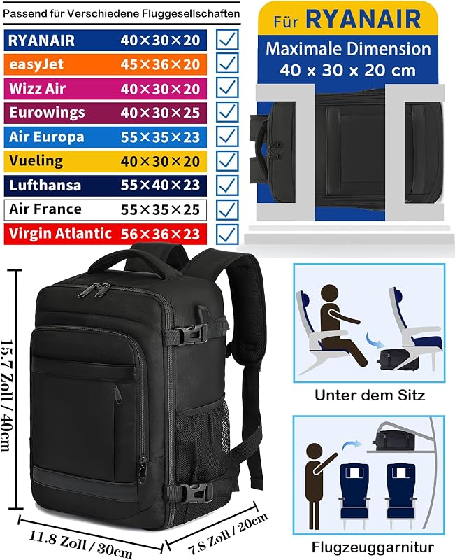 Handgepäck Rucksack 40x30x20 cm Ryanair EasyJet 24L Laptop Travelite Reiserucksack für Flugreisen Schwarz