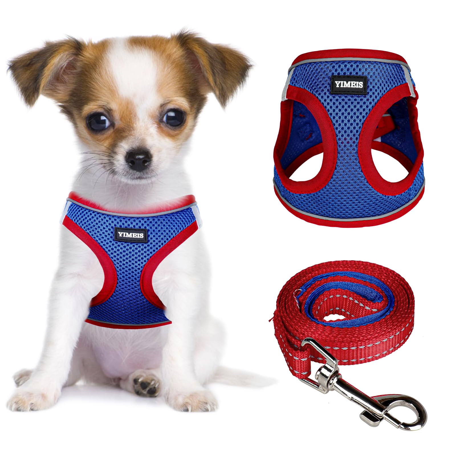 Photo 1 of YIMEIS Dog Harness and Leash Set, No Pull Soft Mesh Pet Harness, Reflective Adjustable Puppy Vest for Small Medium Large Dogs, Cats (Red & Blue, Small (Pack of 1)