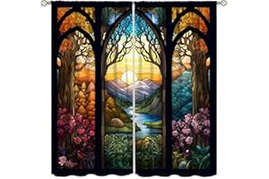 ESPROUTTY Stained Glass Curtains - Vintage Nature Scenery Art Window Treatment for Living Room, Bedroom, Kitchen - 42" W x 84" L x2 Blackout