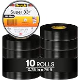 3M Scotch Super 33+ Electrical Tape, 3/4 in x 76 ft, 10 Rolls, Black | Premium Grade All-Weather Vinyl, Resistant to Abrasion, Moisture, Corrosion, Alkalies, Long Roll,1 in Core