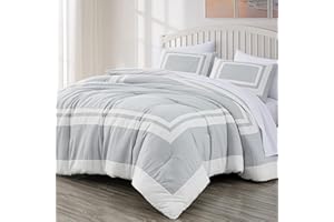 Chezmoi Collection Wyatt Parure de lit 7 pièces Bed in a Bag avec draps de style hôtelier, motif carré, argenté/blanc