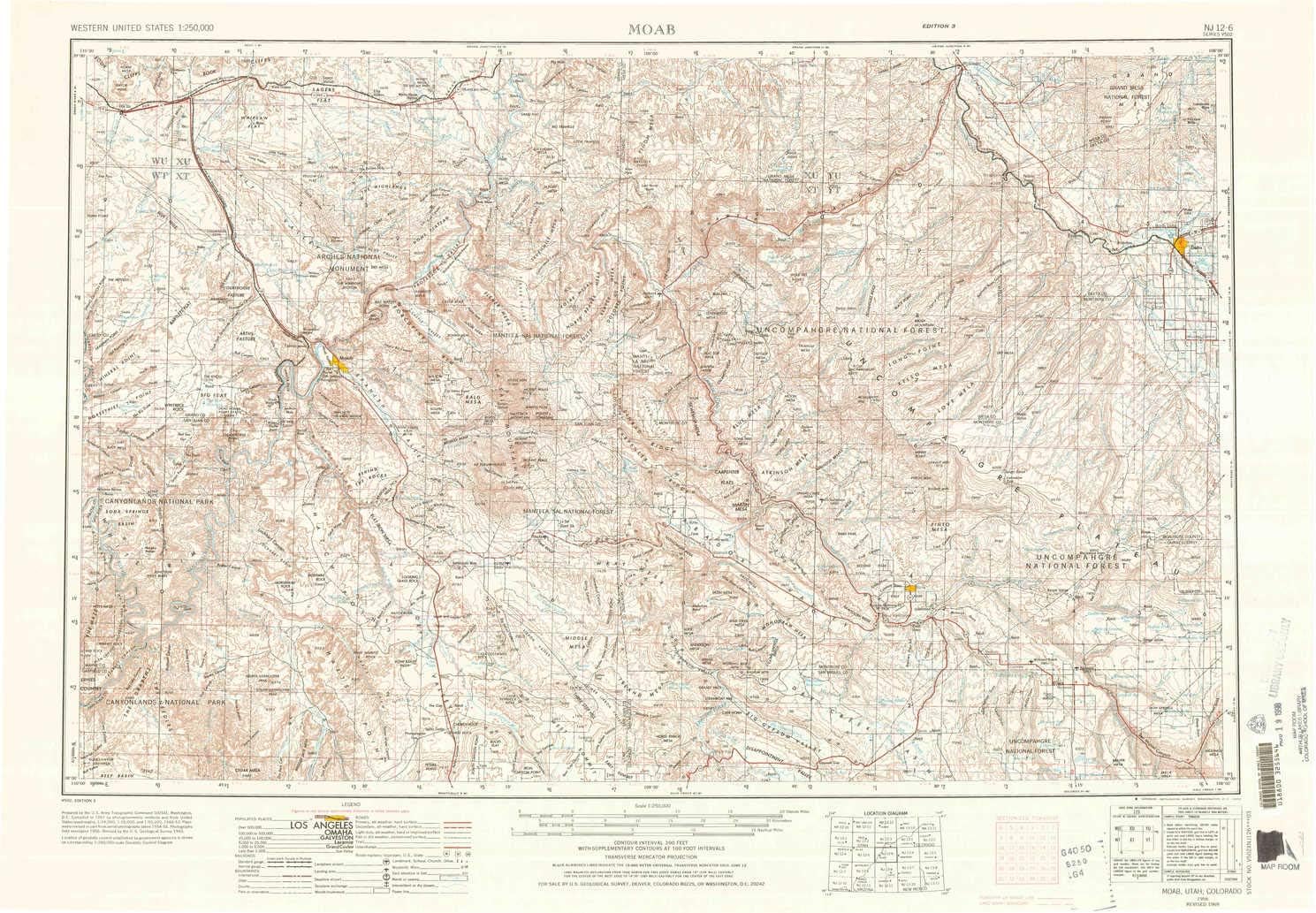 YellowMaps Moab UT topo map, 1:250000 Scale, 1 X 2 Degree, Historical, 1956, Updated 1972, 22.1 x 32.1 in