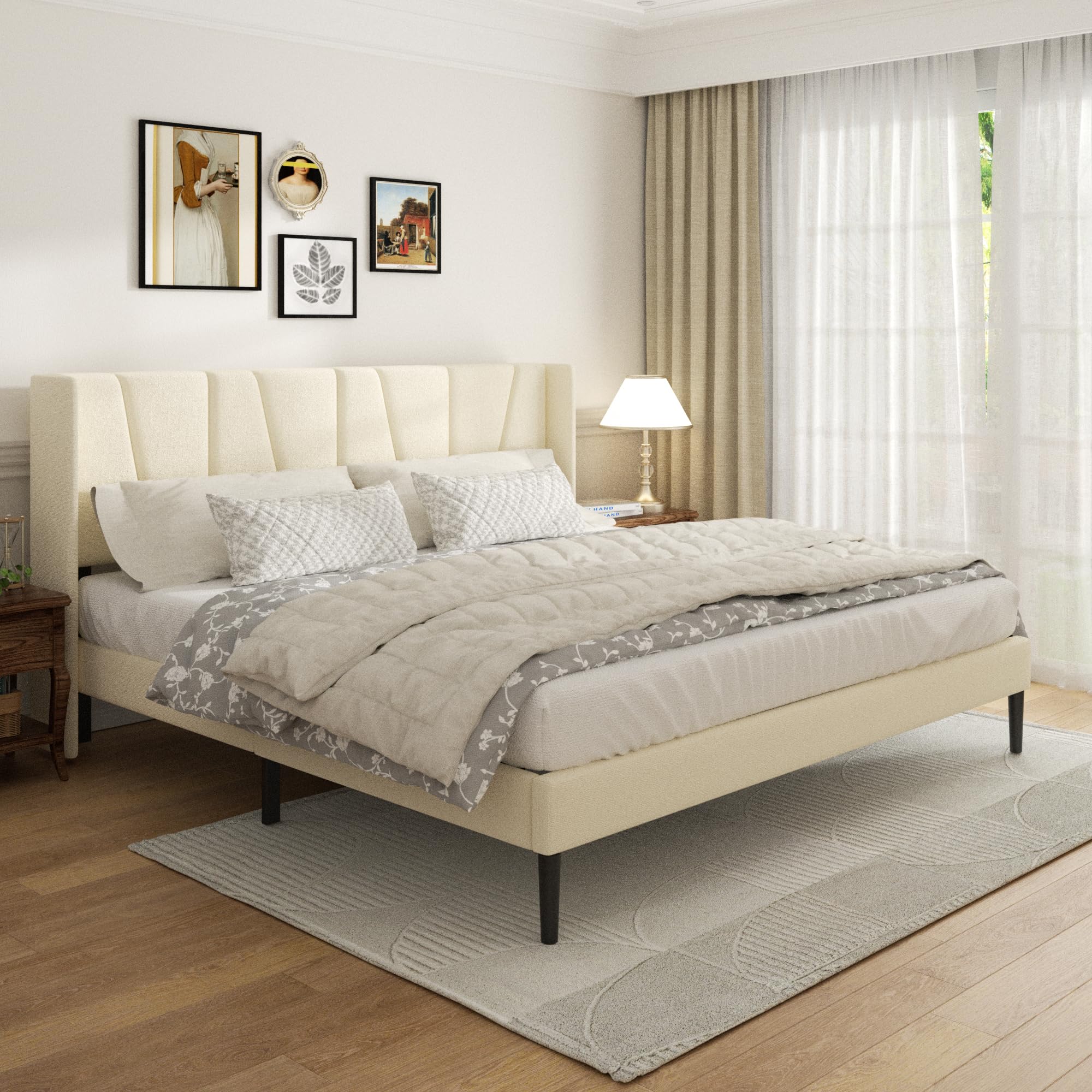 Photo 1 of Sismplly King Bed Frame with Headboard, Velvet Upholstered King Size Platform Bed with Wingback, Mattress Foundation with Wooden Slat Support, No Box Spring Needed, Easy Assembly, Noise Free, Beige