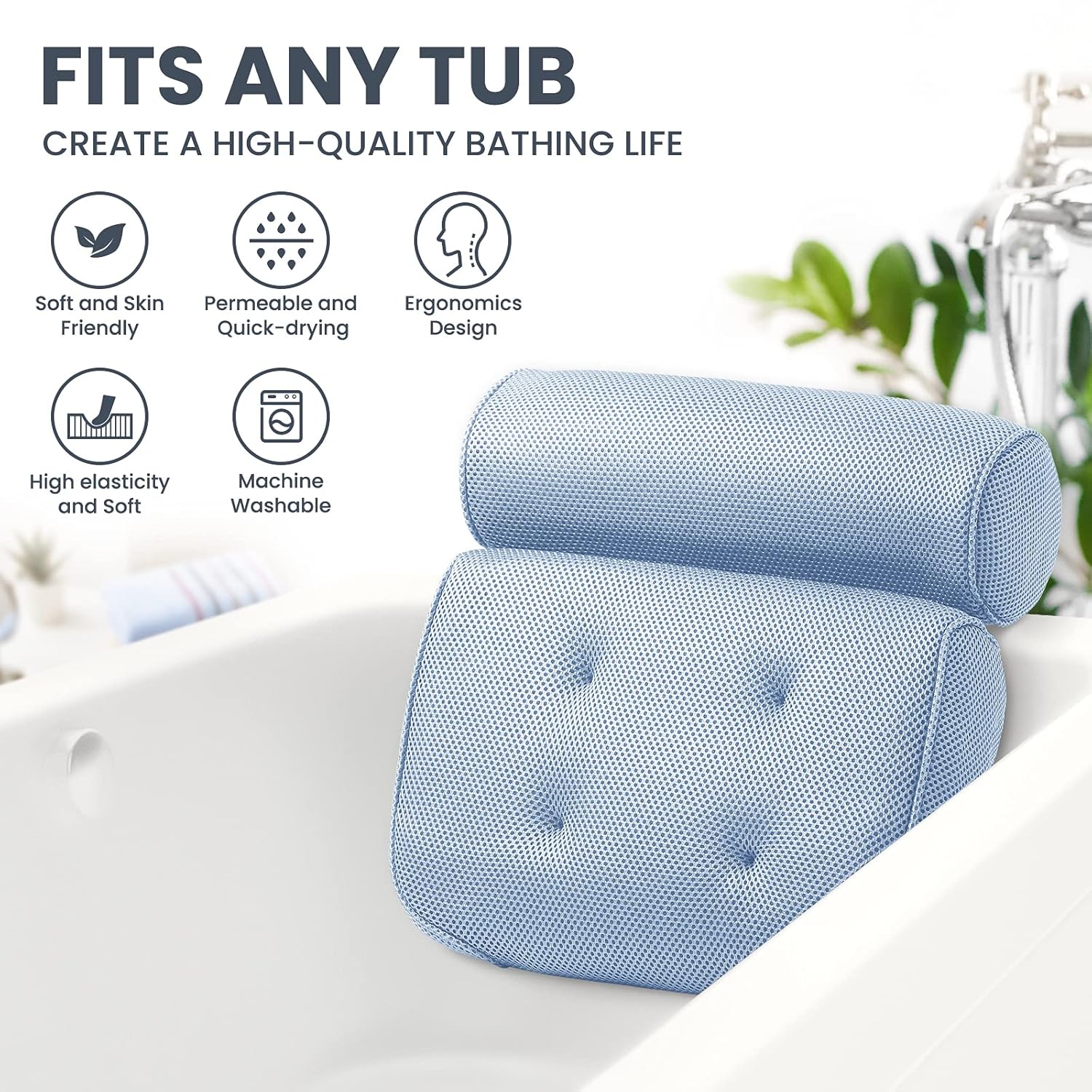 LuxStep Bath Pillow Bathtub Pillow With 6 Non-Slip Suction Cups for Head, Neck and Back Support, 15x14 Inch, Extra Thick and Soft Air Mesh Spa Pillow for Bath - Fits All Bathtub, Blue : Beauty