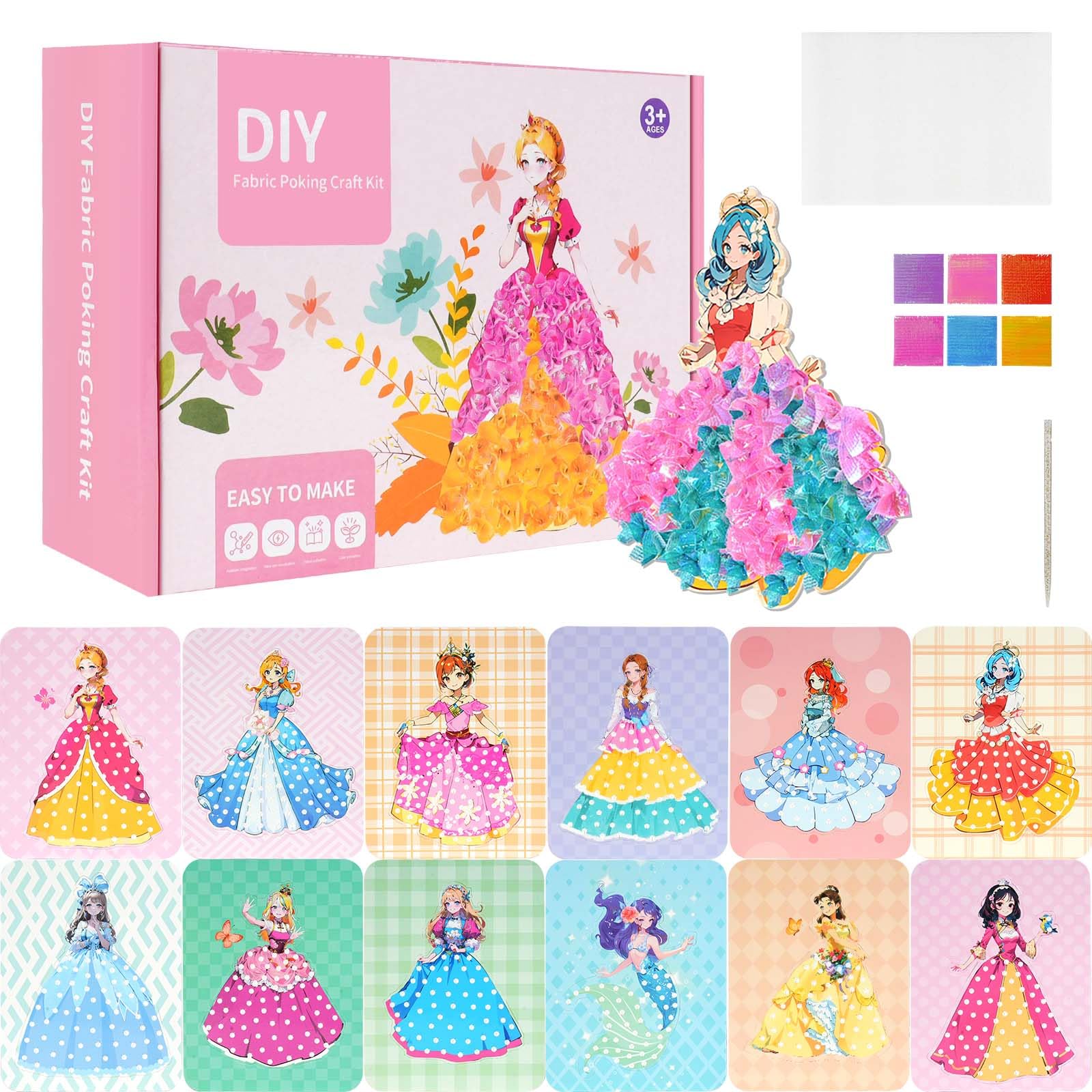 Ainiv Pack of 12 Hand Painting for Children, Princess Dress Creative Sets for Crafts, Poke Art, DIY Toys, 3D DIY Up Sticker Book, Girls Dress Up Sticker Toy, Poke Art Painting Toy