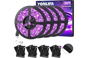 YQNLIFA 33Ft Black Light Strip, USB & Battery Operated Black Lights for Glow Party, Blacklight Strip lights for Halloween Decoration Room Decor Glass Cabinet Case Display Fluorescent Paint(4Pack*8.2ft)
