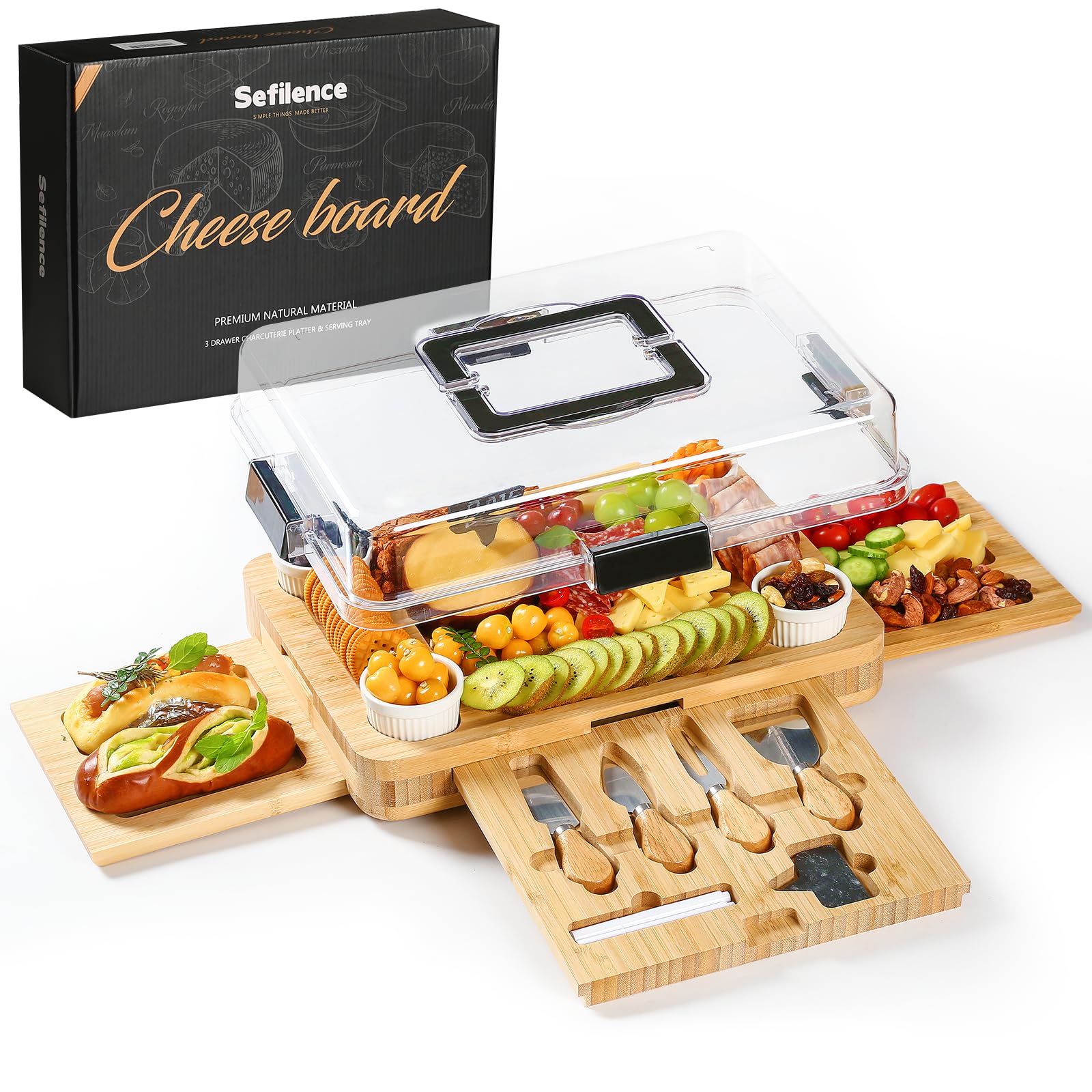 Photo 1 of **DAMAGED** Charcuterie Board with Drawer, Bamboo Cheese Board Set with Locking Lid & Utensils, Portable Serving Tray, Unique Housewarming Gifts, Wedding Gifts for Couples, Birthday Gifts for Women