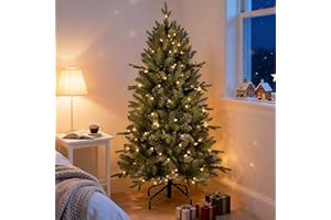 Treepool 4FT Pre-Lit Artificial Christmas Tree with 628 PE&PVC Mixed Branch Tips, 200 Warm White Lights, Hinged Premium Spruce Fake Xmas Trees, Green, Foldable Base