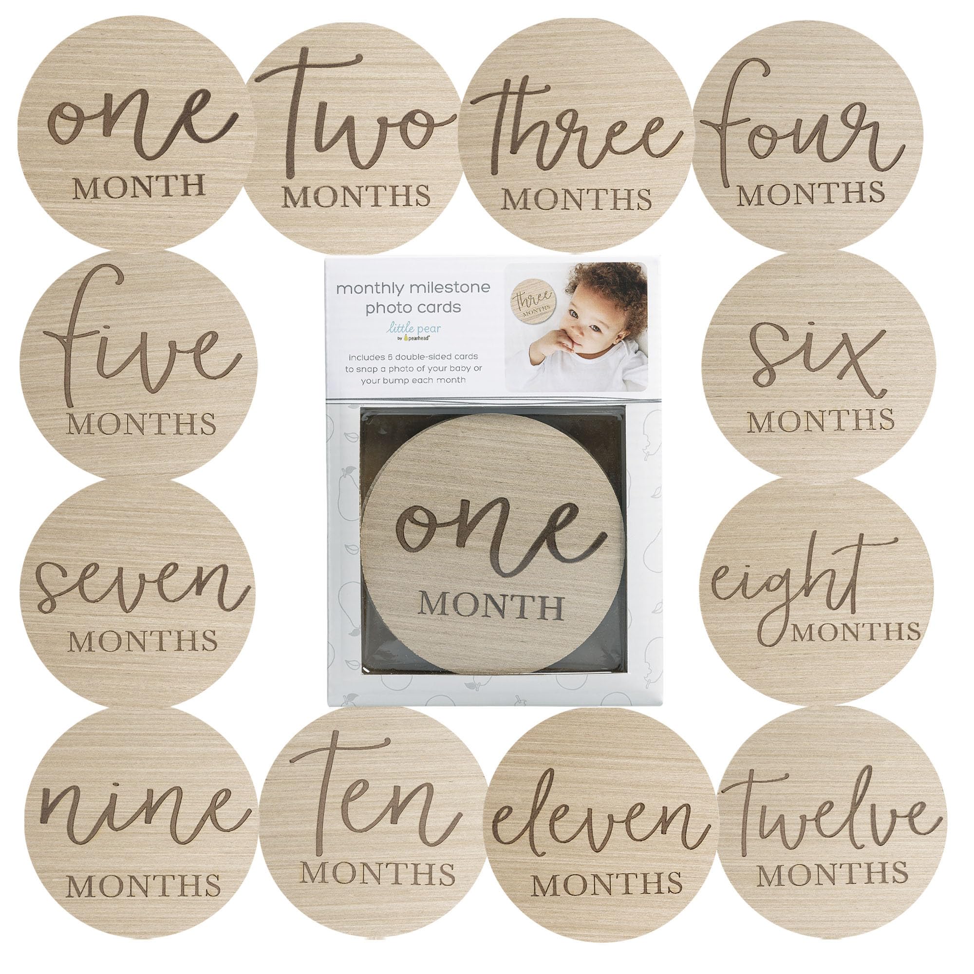 Little Pear Wooden Milestone Photo Cards, Baby Announcement Cards, Double Sided Photo Prop Monthly Milestone Discs, Pregnancy Journey Milestone Markers, 1-12 Months, Light Wood