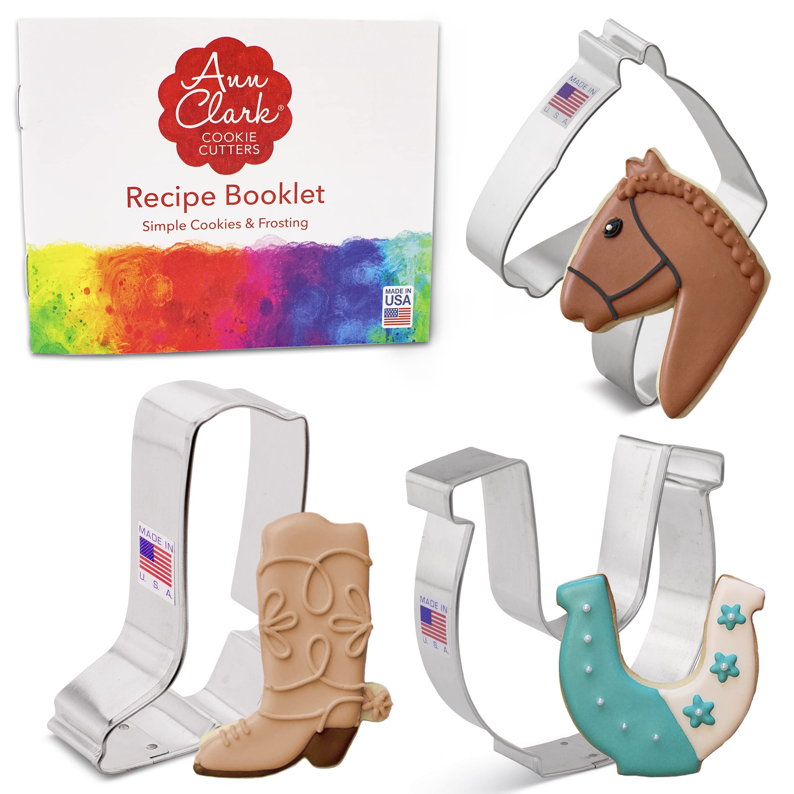 Western/Horse Cowboy Cookie Cutters 3-Pc. Set Made in The USA by Ann Clark, Horse Head, Cowboy Boot, and Horseshoe
