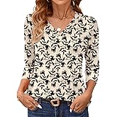 AKEWEI 3/4 Length Sleeve Womens Tops V Neck T Shirts Dressy Casual Pleated Spring Fashion 2026 Work Blouses