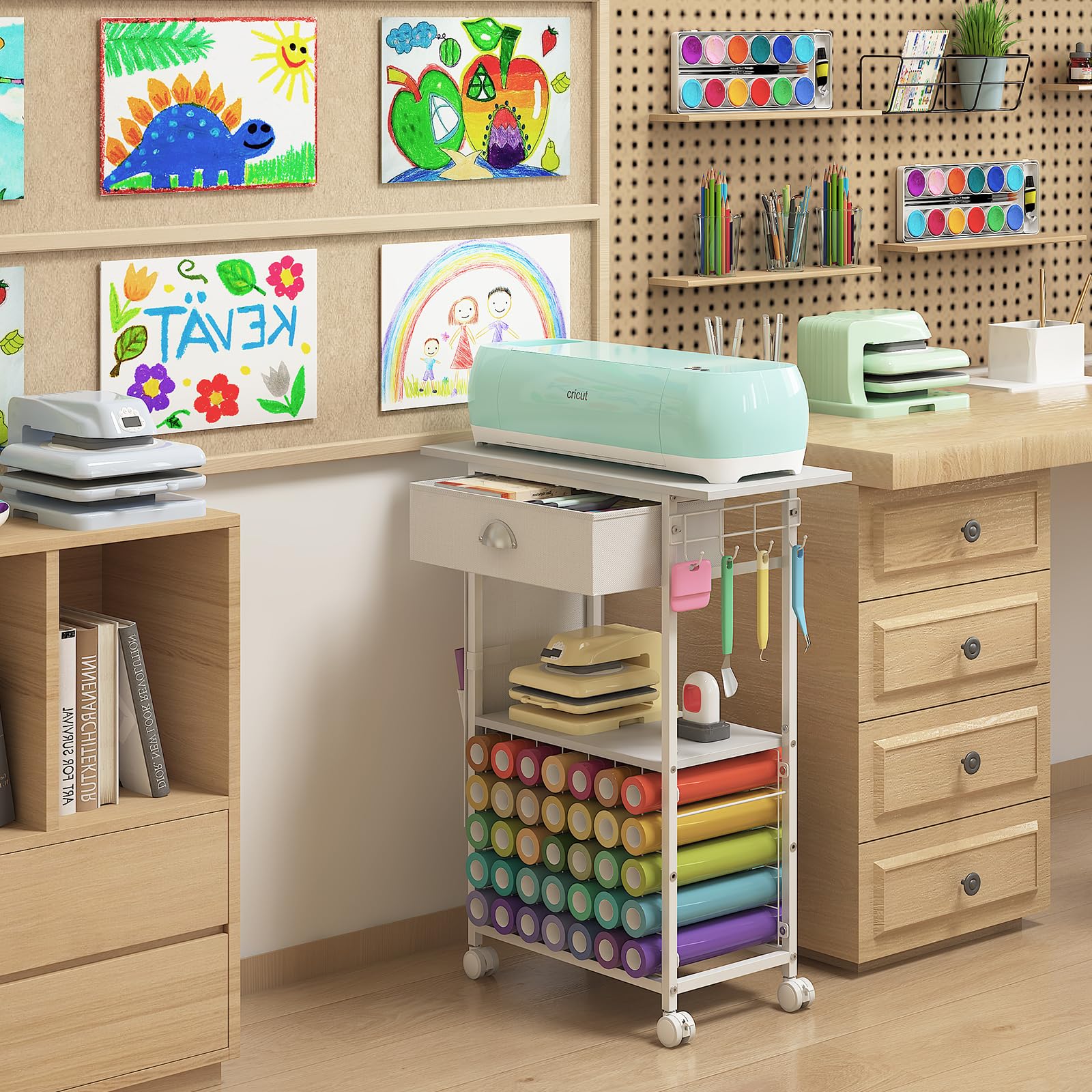 Craft Organizers Table and Storage Cart: Organizing Cutting Accessories and Machine with 35 Vinyl Roll Holders, Crafting Heat Press Stand with Drawers and Hooks, White