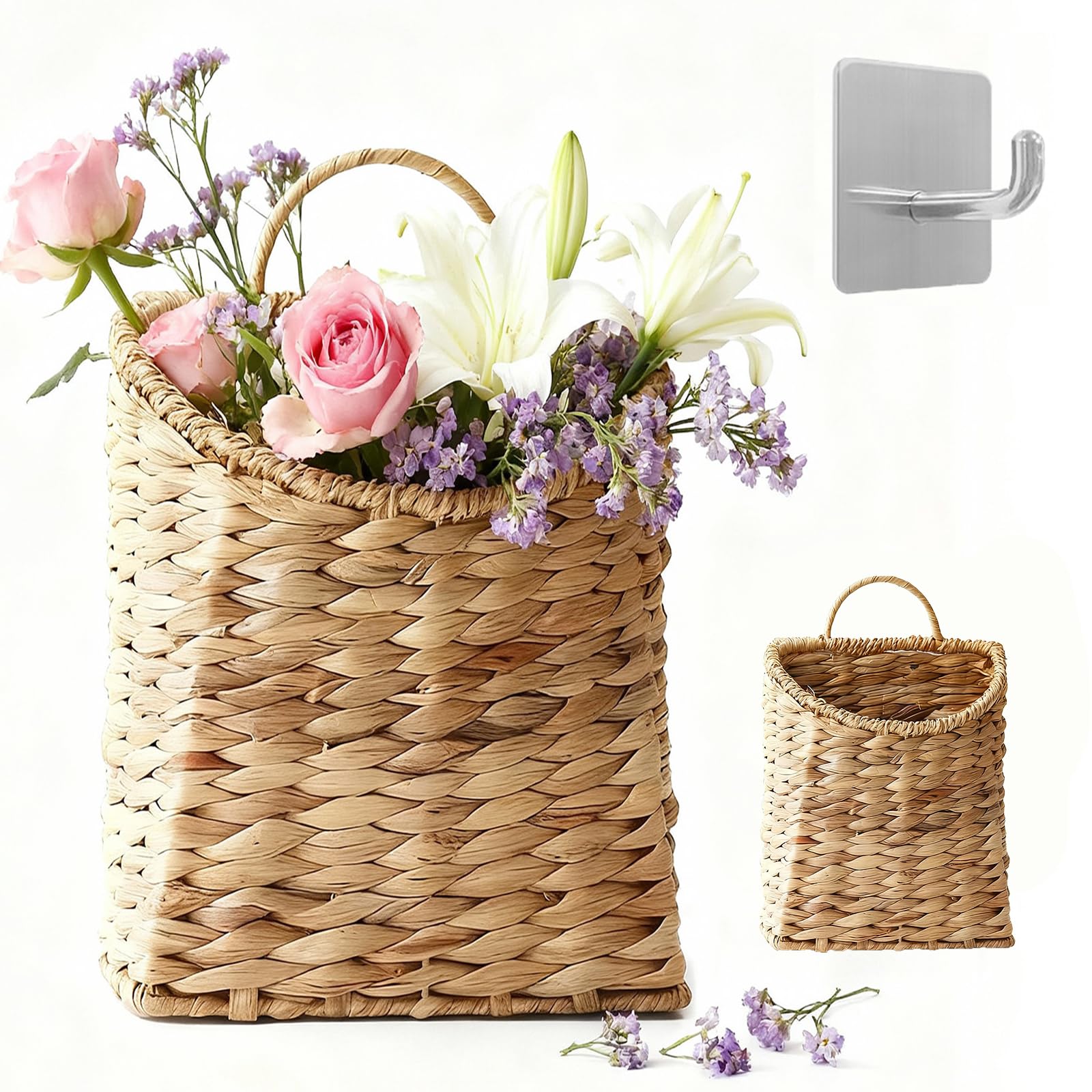 Photo 1 of ***DAMAGED -BENT INWARD -SELLING AS IS *** Woven Hanging Wall Basket Water Hyacinth Hanging Wall Basket Wicker Handmade Rattan Wall Planter for Garden Home Flowers Hanging Planters 8.6" D x 5.1" W x 11.6" H