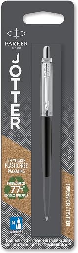 Parker Jotter Ballpoint Pen Bond Street Black Chrome Trim Medium Blue Ink
