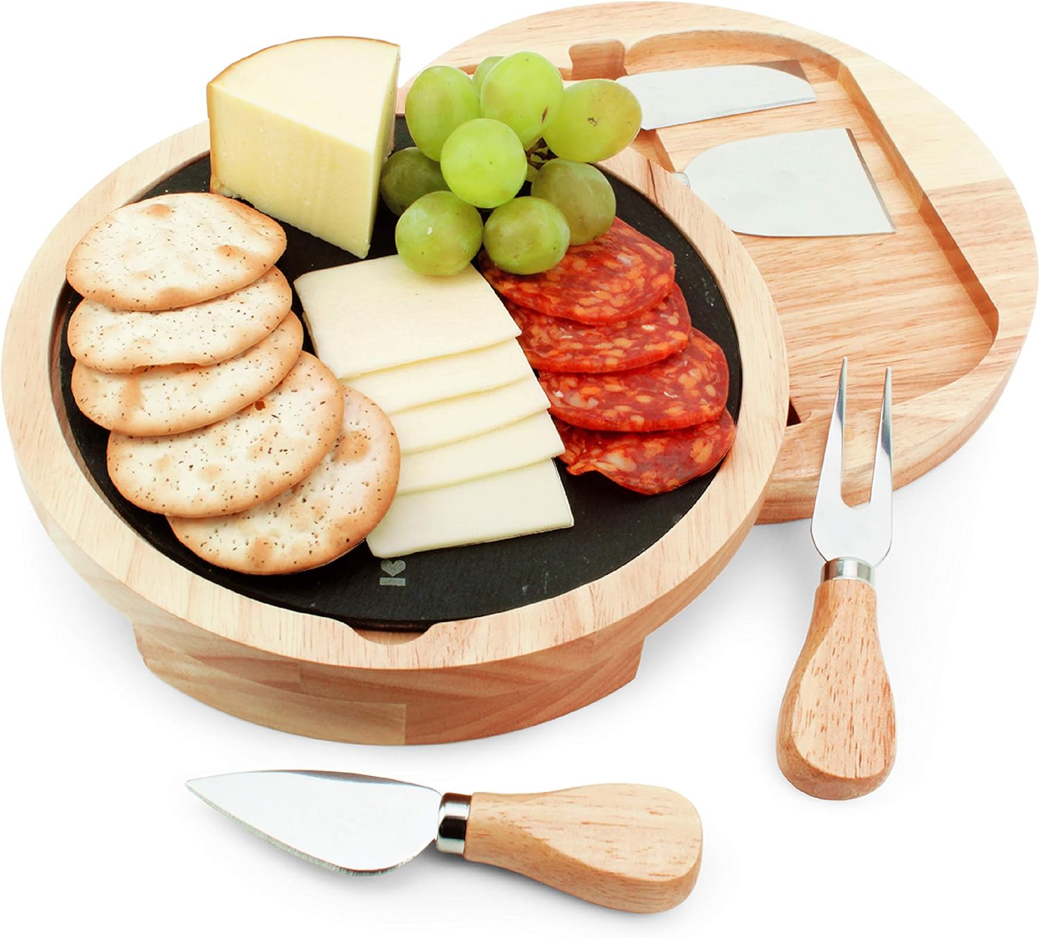 Amazon Com Slice Of Goodness Slate Cheese Board And Knife Set Small Round Acacia Wood Charcuterie Platter With Slate Plate And Drawer With 4 Cutting Utensils Cheeseboard Serving Tray And