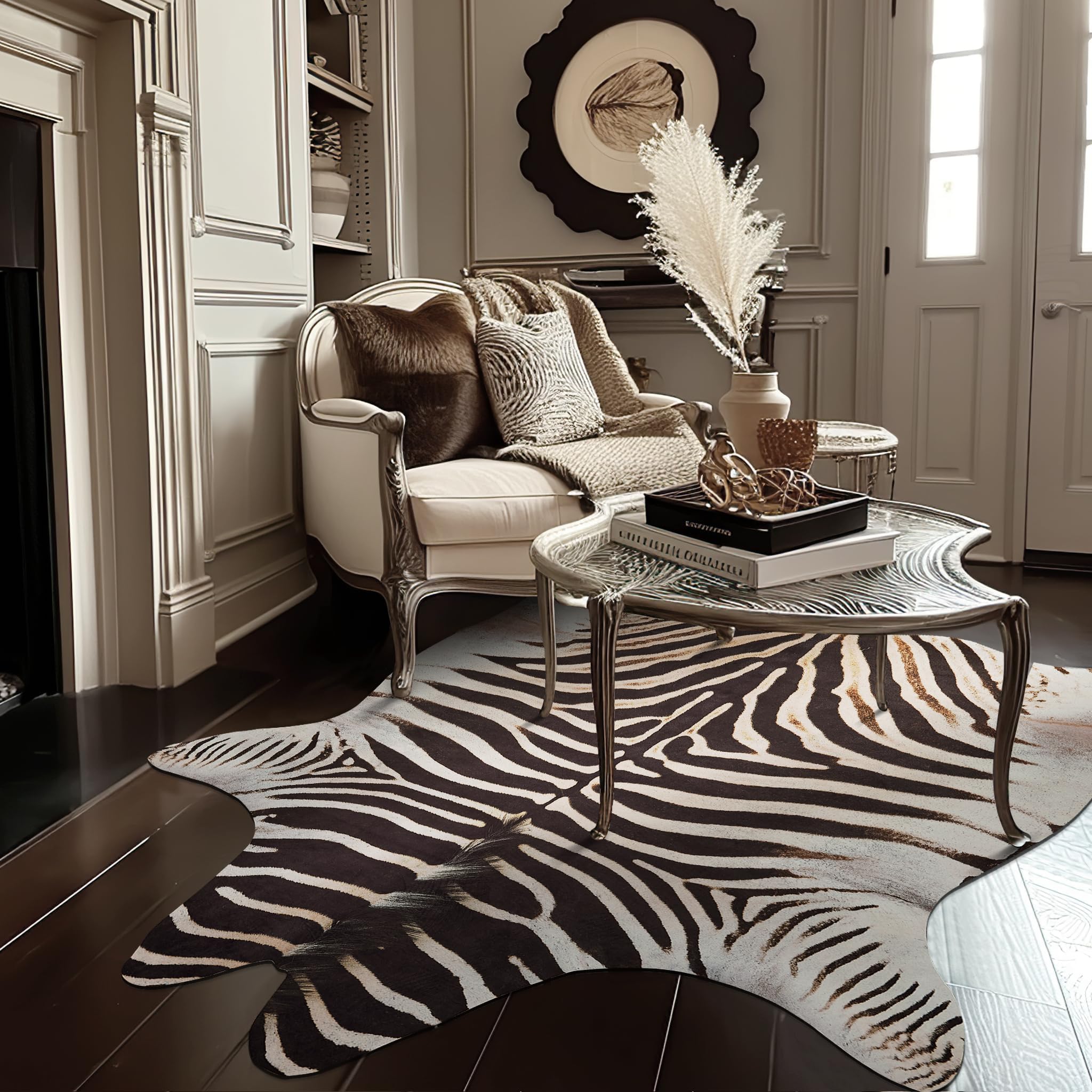Photo 1 of jinchan Faux Cowhide Rug Zebra Print Area Rug Animal Skin Western Design Mat Faux Suede Indoor Floor Cover for Bedroom Living Room 6x7 Safari