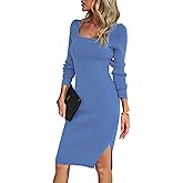 VintageClothing Women's 2026 Fall Long Sleeve Sweater Dress Square Neck Side Slit Bodycon Ribbed Knit Slim Fit Midi Dress