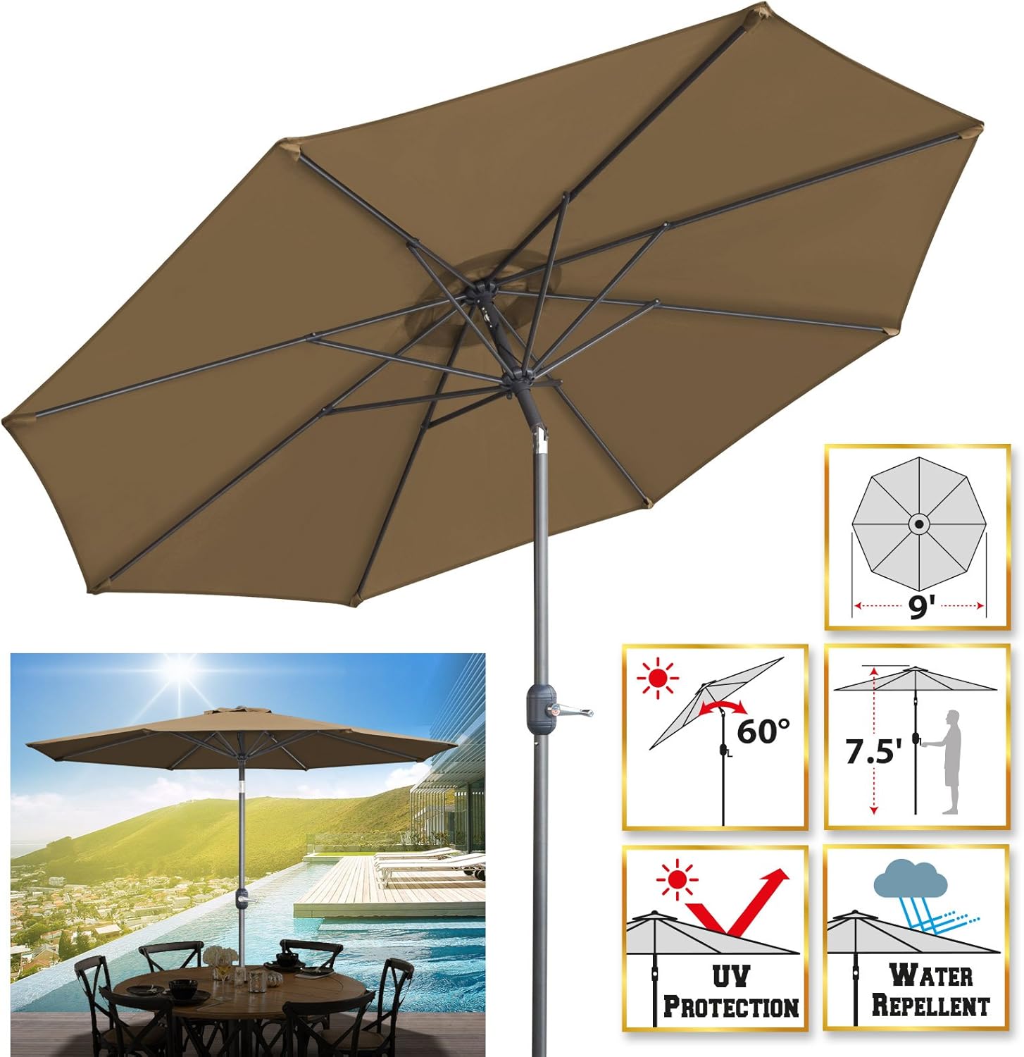Amazon Com Benefitusa 9 Patio Umbrella 8 Ribs Outdoor Garden Market Parasol Sunshade With Tilt And Crank Tan Garden Outdoor