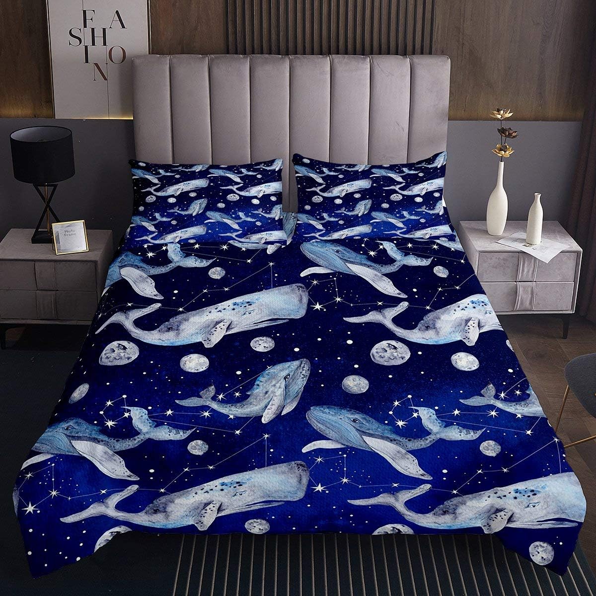 Erosebridal Whales Coverlet Set Great White Shark Bedding Set Starry Sky Bedspread for Kids Boys Girls Planets Galaxy Bedclothes with 2 Pillow Cases Child Room Decor Queen Size Navy Blue