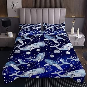 Erosebridal Whales Coverlet Set Great White Shark Bedding Set Starry Sky Bedspread for Kids Boys Girls Planets Galaxy Bedclothes with 2 Pillow Cases Child Room Decor Queen Size Navy Blue