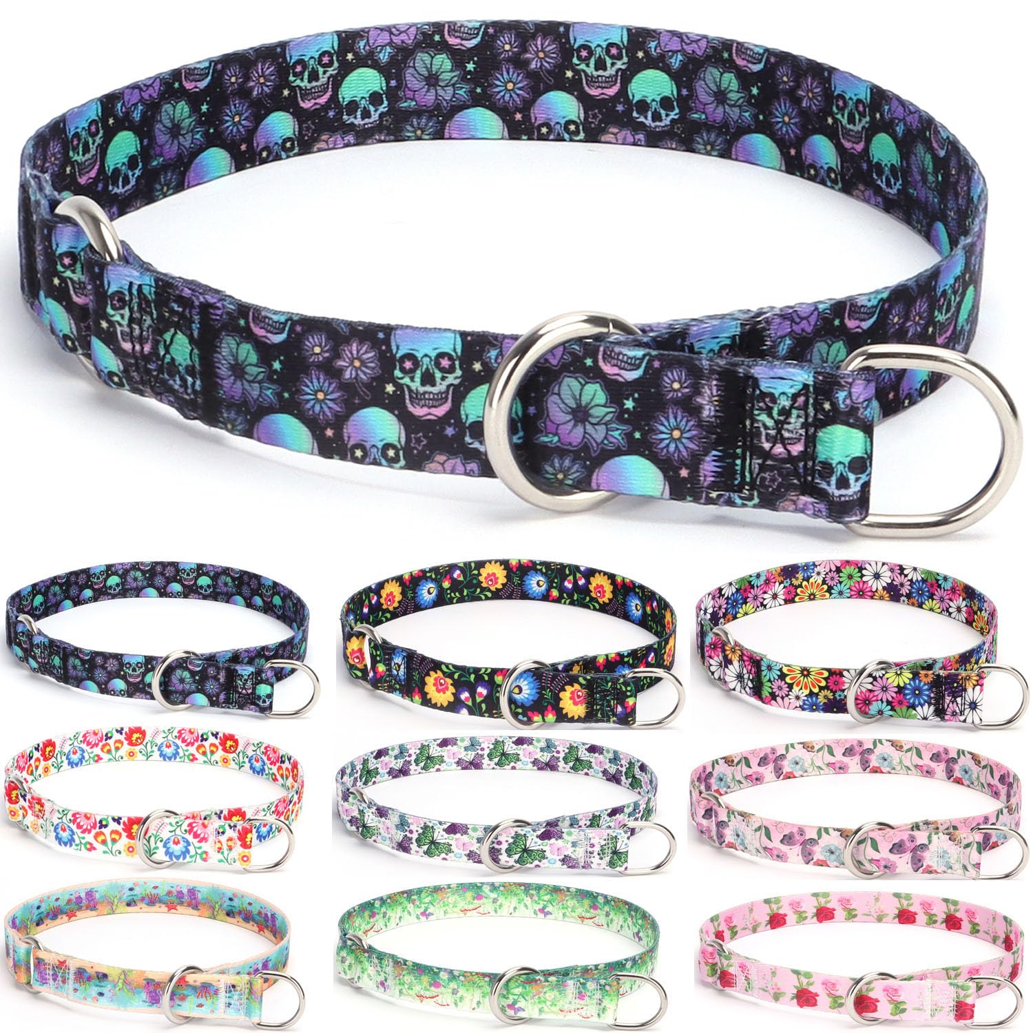 haoyueer Training Dog Collar, No Pull Martingale Collar, Slip Collar with Slidable Stop Ring for Small, Medium, Large Dogs (S, Skulls)