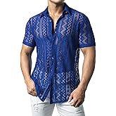 JOGAL Mens Floral Lace Shirt See Through Casual Button Down Shirts