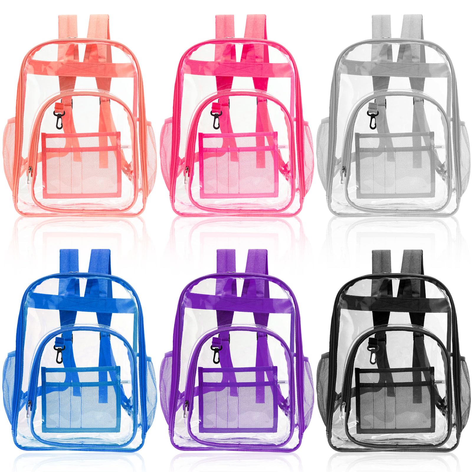 Photo 1 of 6 Pcs 17 Inch Bulk Clear Backpack Bulk for School Kids Bookbag Transparent Bag Student Large Heavy Duty Back Bag for Donation(Multicolor)
