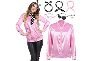 AOTHSO 1950s Pink Satin Jacket with Headband Scarves Earrings Glasses for Women 8 Pieces Halloween Adults Cosplay Costume Set