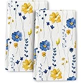 Bapcoku Blue Yellow Flower Kitchen Dish Towels Set of 2, Soft Absorbent Watercolor Floral Hand Towel Tea Towels for Kitchen Spring Summer Home Decor,Housewarming Gifts for New Home Women, 16x24 inch