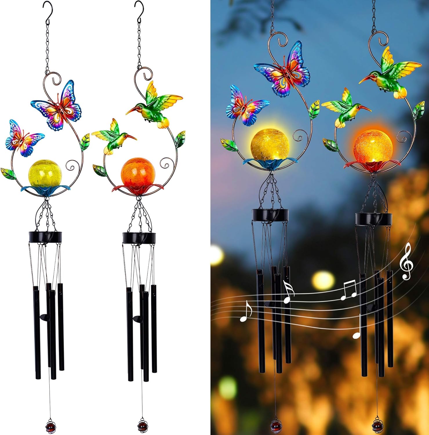 MAGGIFT 2 Pack Solar Outdoor Wind Chimes, Metal Butterfly & Hummingbird Wind Chime with Warm White LED Globe Glass, Mobile Hanging Decorative Patio Lights for Yard Garden, Gifts for Mom Women Wife : Garden & Outdoor