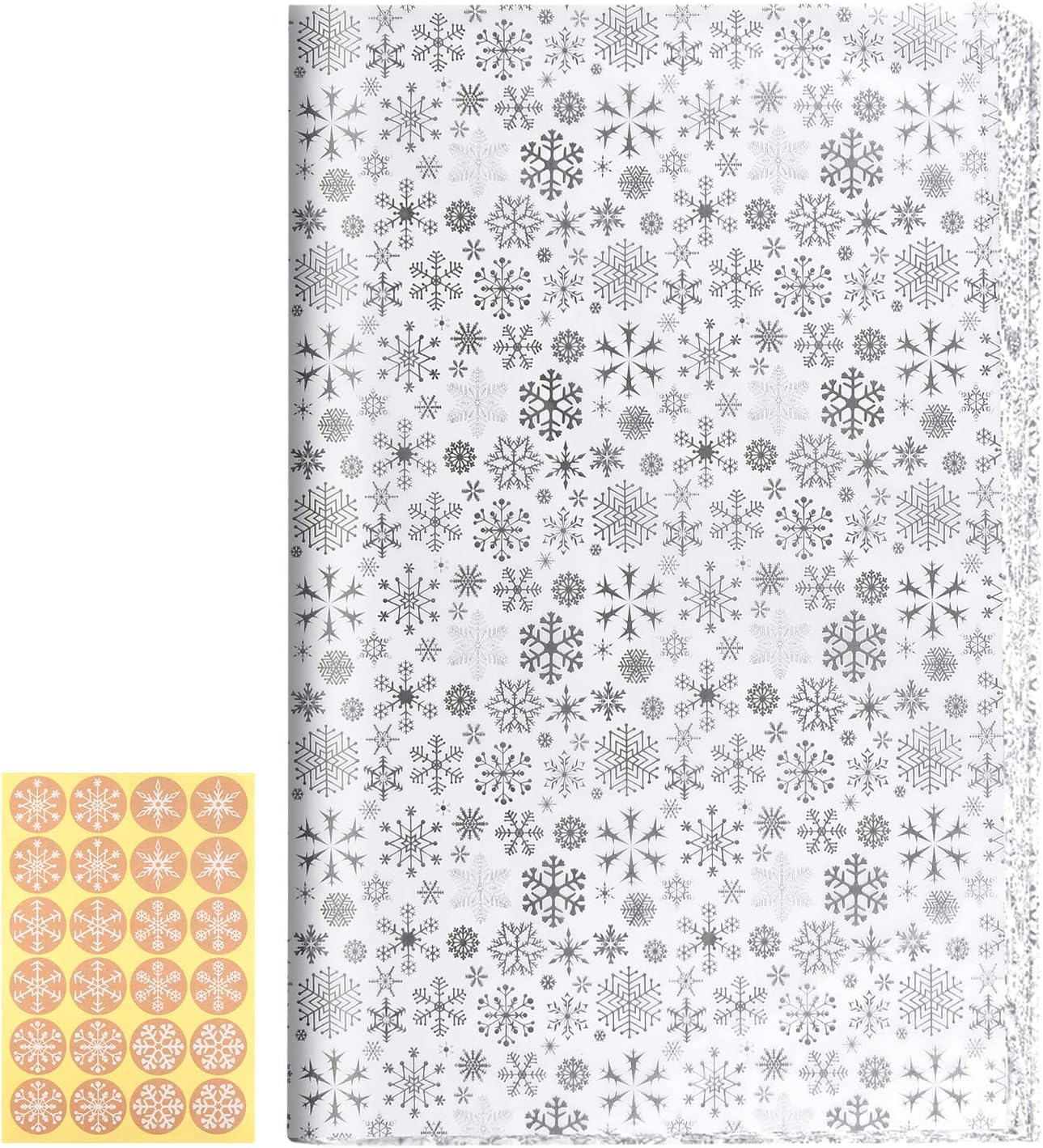 CHRORINE 50 Sheets Christmas Wrapping Paper Silver Snowflake Wrapping Tissue Paper with Snowflake Stikers for DIY Craft, Christmas Party Winter Party Decorations（14.96 inchx20 inch）