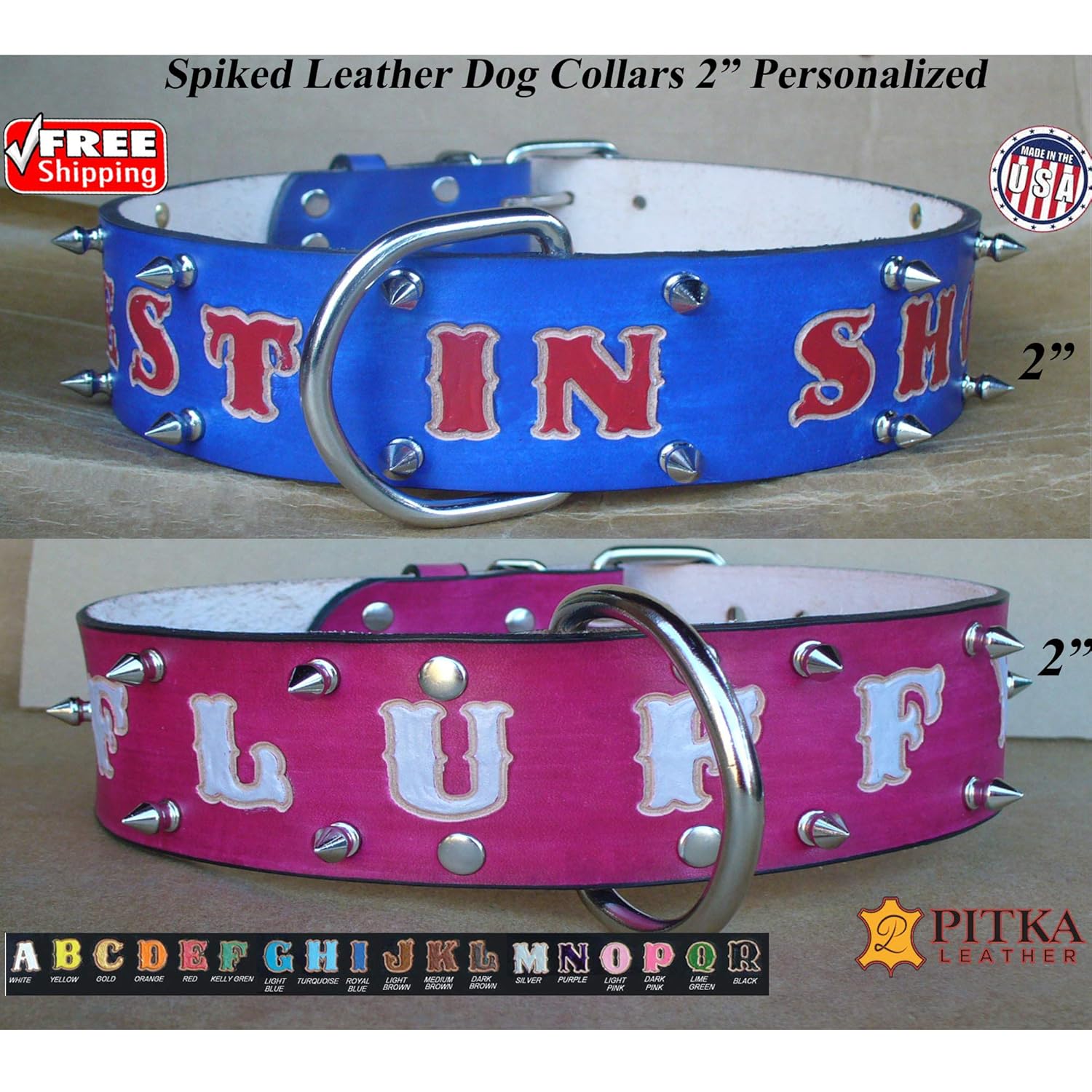 Spiked leather Dog collars 2 inch widePersonalized Leather